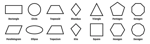 Formas geométricas com etiquetas. Conjunto de 14 formas básicas. Ilustração simples do vetor plano —  Vetores de Stock