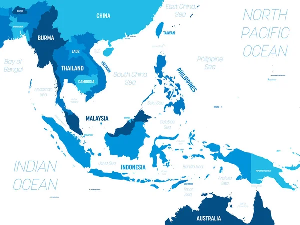 Carte Asie du Sud-Est - teinte verte colorée sur fond sombre. Carte politique détaillée de la région du sud-est avec marquage des noms de pays, de capitale, d'océan et de mer — Image vectorielle