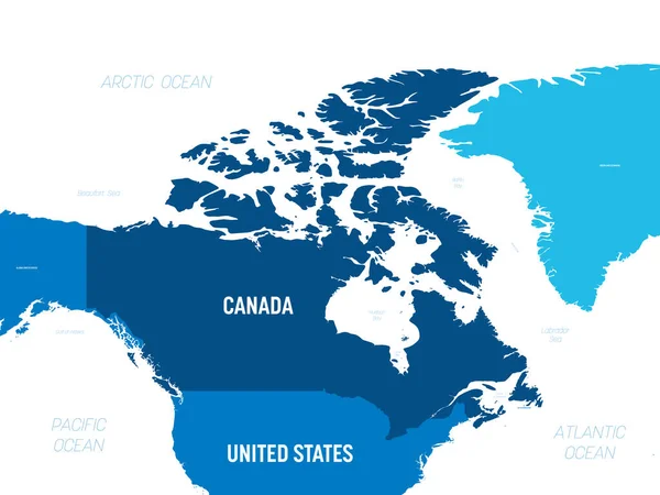 Mapa de Canadá - color verde sobre fondo oscuro. Alto mapa político detallado Canadá y países vecinos con nombres de país, capital, océano y mar etiquetados — Vector de stock