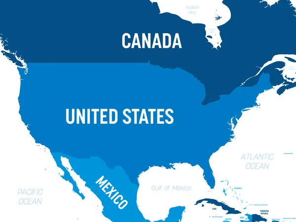 Mapa dos EUA - tom verde colorido sobre fundo escuro. Mapa político detalhado Estados Unidos da América e países vizinhos com nomes de país, capital, oceano e mar rotulagem —  Vetores de Stock