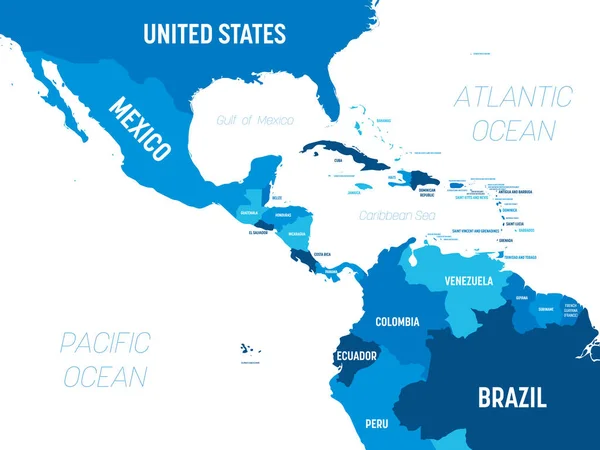 Mapa Ameryki Środkowej - zielony odcień na ciemnym tle. Wysoka szczegółowa mapa polityczna regionu Ameryki Środkowej i Karaibów z oznaczeniem kraju, stolicy, oceanu i morza — Wektor stockowy
