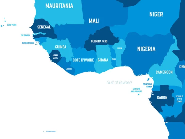 Mapa da África Ocidental cor verde sobre fundo escuro. Mapa político detalhado da região da África Ocidental e da Baía da Guiné com nomes de países, capitais, oceanos e mares rotulados — Vetor de Stock