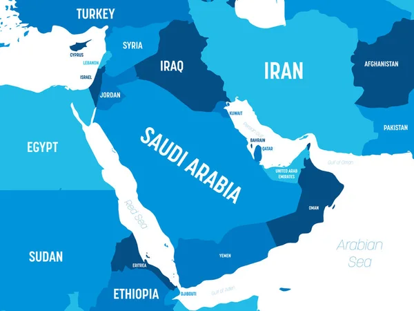 Mapa de Oriente Medio - tonalidad verde sobre fondo oscuro. Mapa político detallado de Oriente Medio y la región de la Península Arábiga con nombres de país, capital, océano y mar etiquetados — Archivo Imágenes Vectoriales