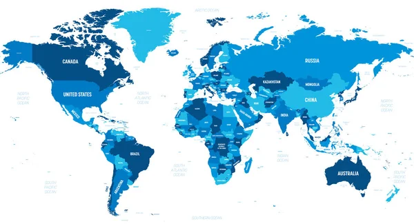 Mapa del mundo - tonalidad verde coloreada sobre fondo oscuro. Mapa político detallado de Mundo con nombres de países, capitales, océanos y mares etiquetados — Vector de stock