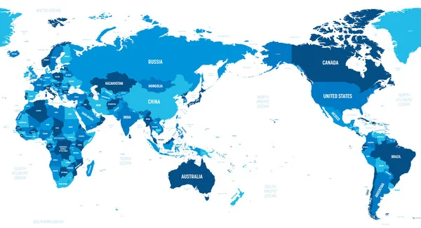 Wereldkaart - Azië, Australië en de Stille Oceaan gecentreerd. Groene tint gekleurd op donkere achtergrond. Hoge gedetailleerde politieke kaart van de wereld met land, hoofdstad, oceaan en zee namen labeling — Stockvector