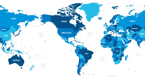 世界地図-アメリカを中心に。濃い背景に緑の色合い。国、資本、海と海の名前のラベルを持つ世界の高詳細政治地図 — ストックベクタ