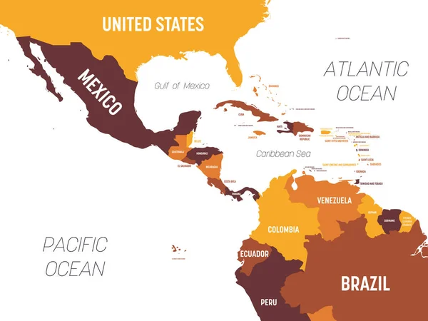 Mapa de Centroamérica - tonalidad marrón anaranjada sobre fondo oscuro. Mapa político detallado de la región de Centroamérica y el Caribe con nombres de países, océanos y mares etiquetados — Vector de stock