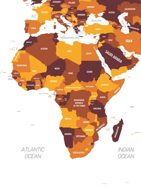 Afrika mapa - hnědooranžový odstín zbarvený na tmavém pozadí. Vysoce podrobná politická mapa afrického kontinentu s označením zemí, oceánů a moří — Stockový vektor