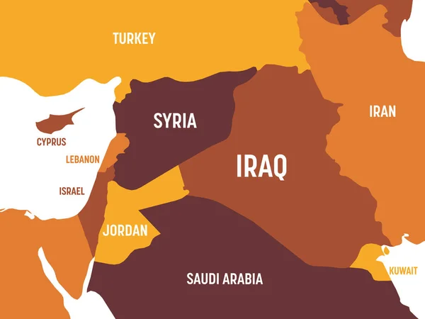 Mapa de Oriente Medio - color naranja marrón sobre fondo oscuro. Mapa político detallado de Oriente Medio y la región de la Península Arábiga con nombres de países, océanos y mares etiquetados — Vector de stock