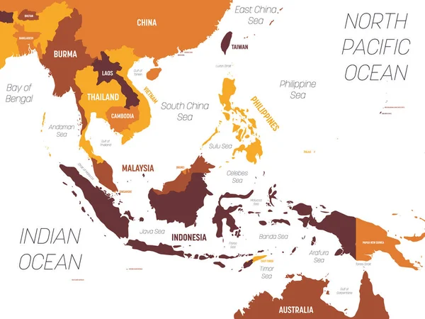 Mappa del sud-est asiatico - colore arancio marrone su sfondo scuro. Alta mappa politica dettagliata della regione sudorientale con i nomi di paese, oceano e mare — Vettoriale Stock