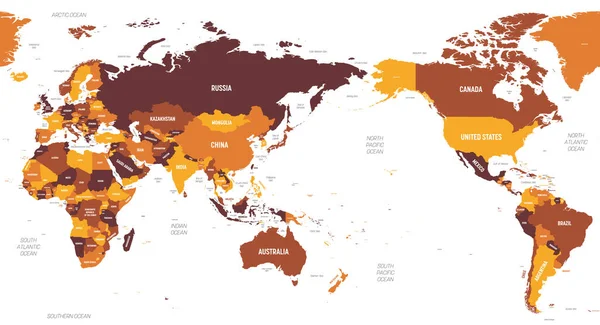 Wereldkaart - Azië, Australië en de Stille Oceaan gecentreerd. Bruine oranje tint gekleurd op donkere achtergrond. Hoge gedetailleerde politieke kaart van de wereld met land, oceaan en zee namen labeling — Stockvector