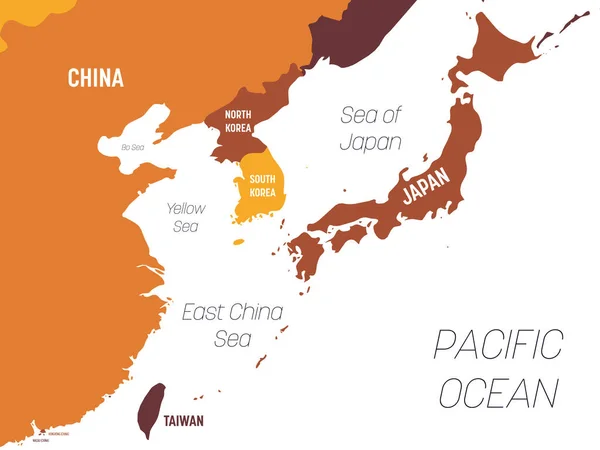 Карта Восточной Азии - коричнево-оранжевый оттенок, окрашенный на темном фоне. Высокая детальная политическая карта восточного региона с маркировкой названий стран, океанов и морей — стоковый вектор