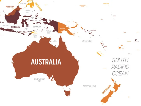 Mapa da Austrália e Oceania - tom laranja marrom colorido sobre fundo escuro. Mapa político detalhado da região australiana e pacífica com nomes de países, oceanos e mares rotulados —  Vetores de Stock