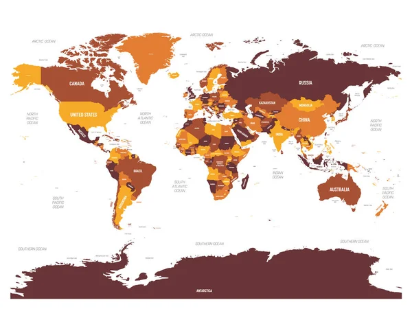Mapa del mundo - tonalidad marrón anaranjada sobre fondo oscuro. Mapa político detallado de Mundo con nombres de países, océanos y mares etiquetados — Vector de stock