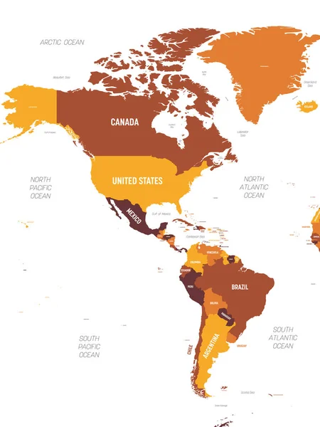 Carte des Amériques - teinte orange marron coloré sur fond sombre. Carte politique détaillée du continent nord et sud-américain avec l'étiquetage des noms de pays, d'océan et de mer — Image vectorielle