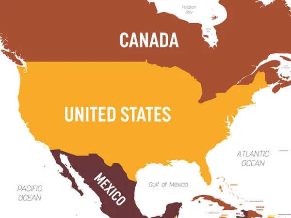 USA kaart - bruin oranje tint gekleurd op donkere achtergrond. Hoge gedetailleerde politieke kaart Verenigde Staten van Amerika en buurlanden met land, oceaan en zee namen labeling — Stockvector