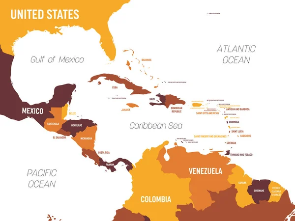 Mapa de Centroamérica - tonalidad marrón anaranjada sobre fondo oscuro. Mapa político detallado de la región de Centroamérica y el Caribe con nombres de países, océanos y mares etiquetados — Archivo Imágenes Vectoriales