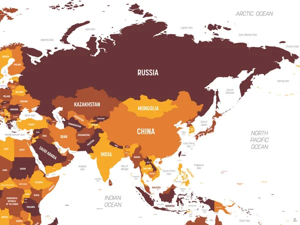 Asia - tono naranja marrón coloreado sobre fondo oscuro. Alto mapa político detallado del continente asiático con nombres de países, océanos y mares etiquetados — Vector de stock