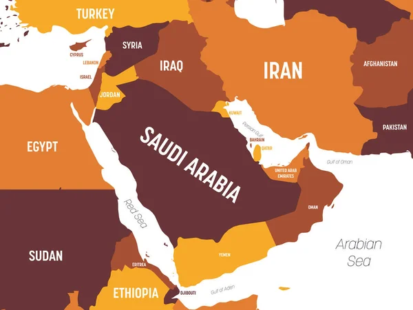 Mapa de Oriente Medio - color naranja marrón sobre fondo oscuro. Mapa político detallado de Oriente Medio y la región de la Península Arábiga con nombres de países, océanos y mares etiquetados — Archivo Imágenes Vectoriales