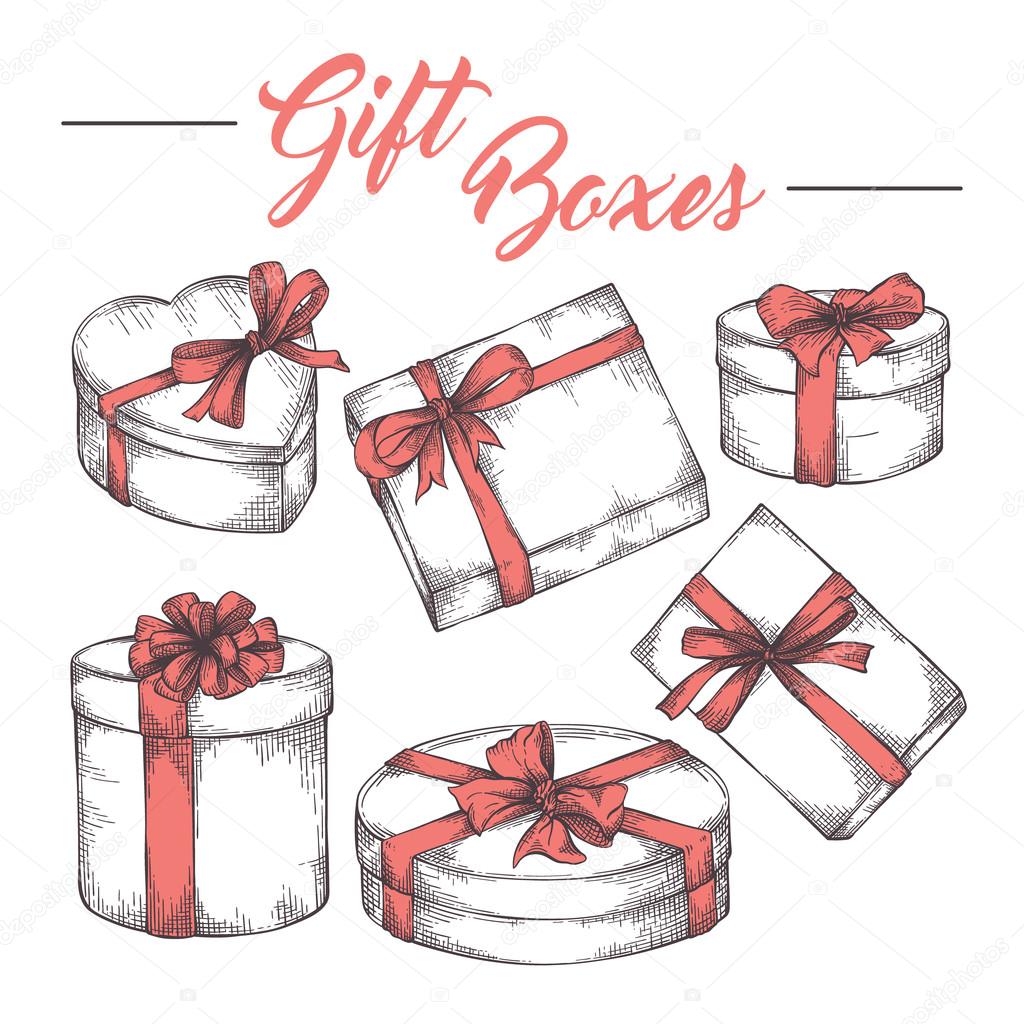 Collection of hand drawn graphic cketch gift boxes with ribbons and bows. Christmas, New Year, Birthday celebration present logo, icon, card