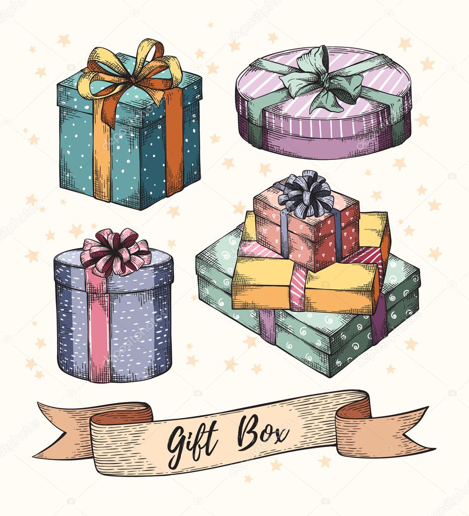 Collection of hand drawn graphic gift boxes with ribbons and bows. Christmas, New Year Birthday celebration present logo, icon, card