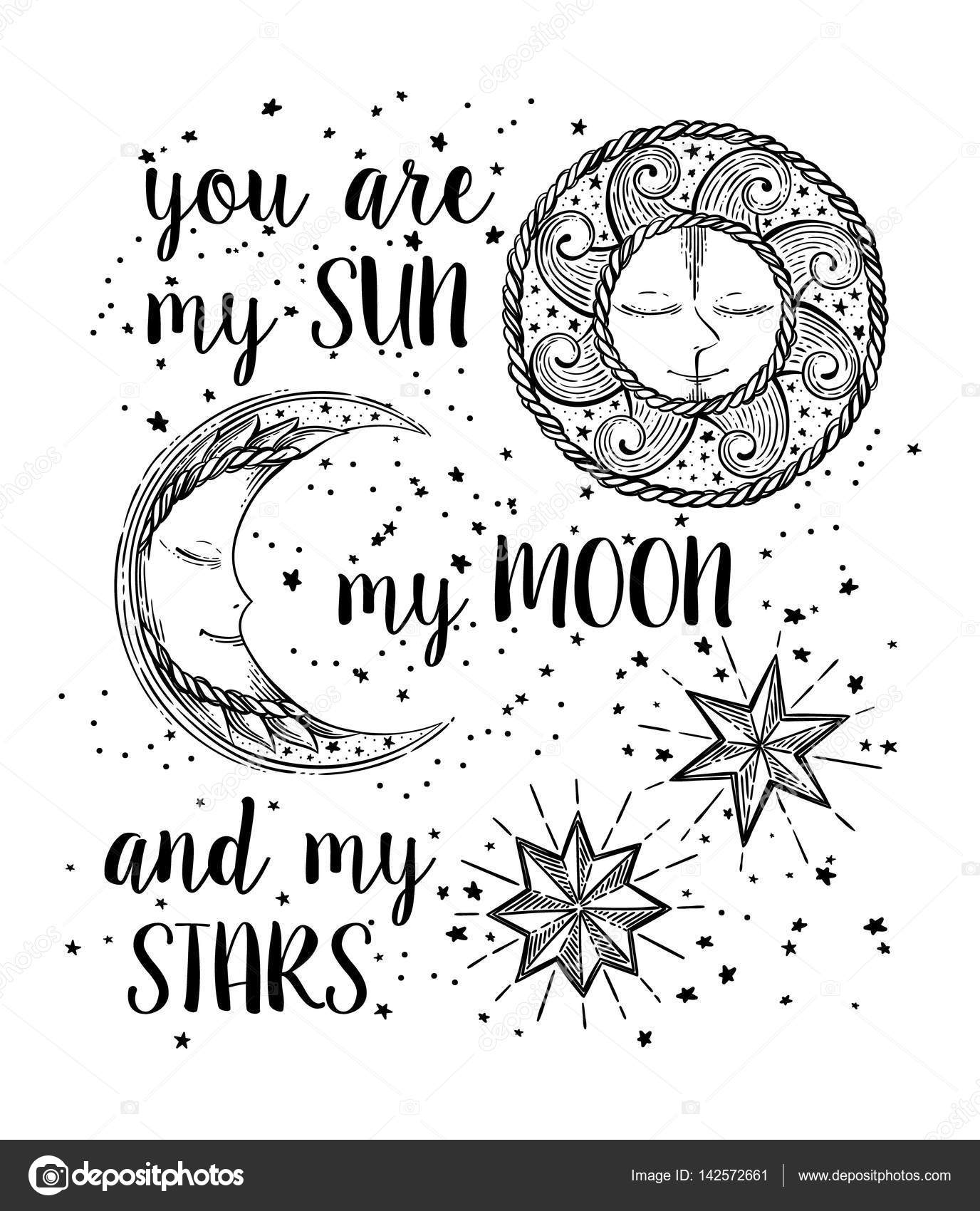 Hand drawn Sun Moon and Stars in vintage style Vector illustration with lettering for invitation card poster print t shirt boho chic tattoo coloring