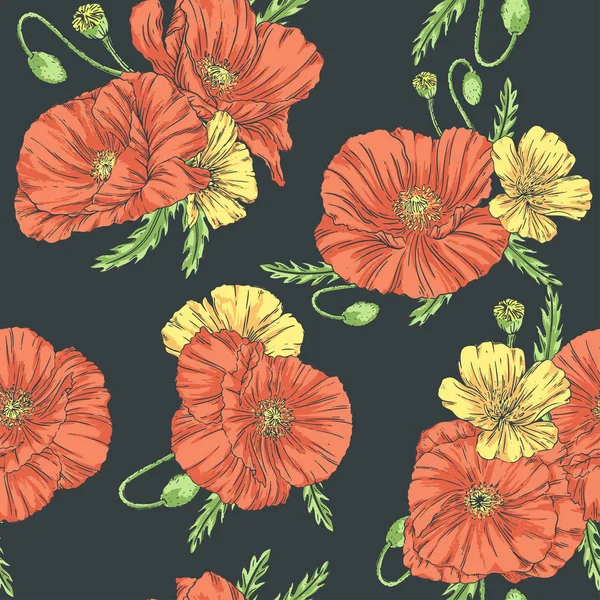 Poppies seamless pattern dark background — Stock Vector