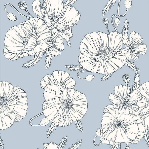 Poppies seamless pattern blue background — ストックベクタ