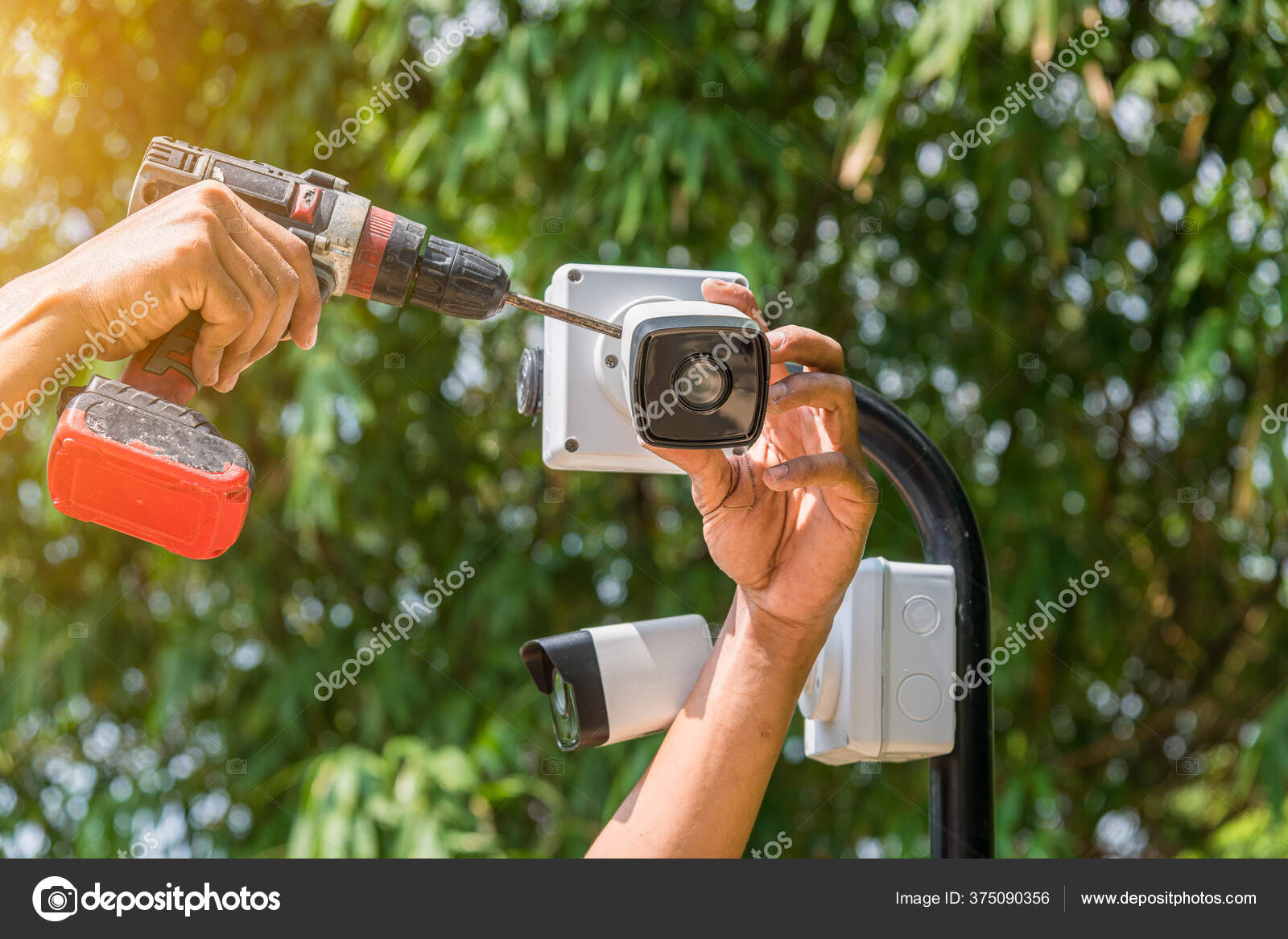 Technician Installing Cctv Camera Water Proof Box Protect Camera Home