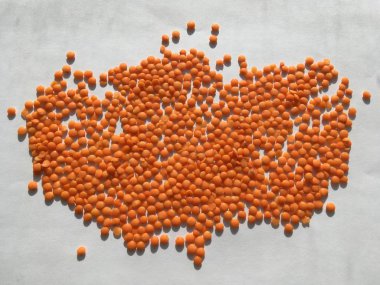 Beyaz arka planda duran turuncu renkli mercimek. Soyutlama. Minimalizm.