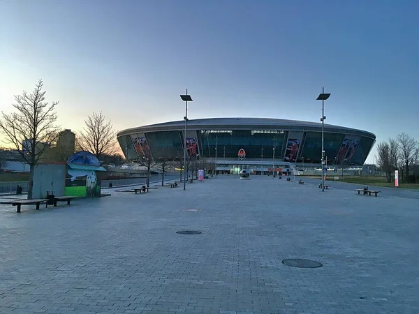 The main entrance to the football stadium. Paving slabs. Stadium of the football club Shakhtar.