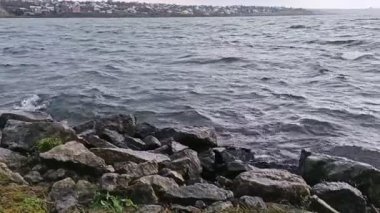 Nehrin dalgaları bulutlu bir günde taşlara çarptı..