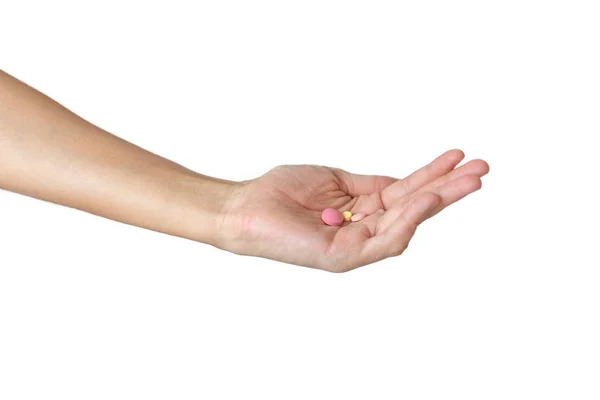 Таблетки Лекарства Таблетки Руке Белом Фоне Крупный План Руки Таблетками — стоковое фото
