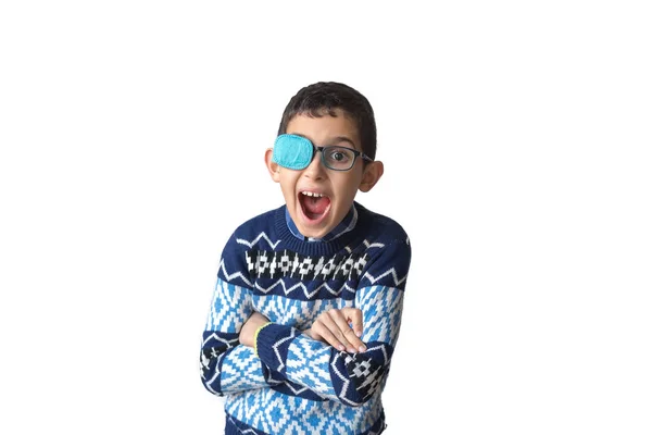 Retrato Niño Gafas Con Parche Parche Ocular Para Gafas Tratar — Foto de Stock