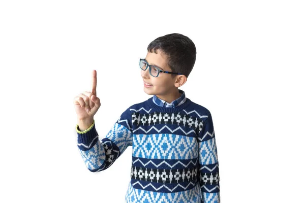 Glad Pojke Glasögon Och Tröja Isolerad Över Vit Bakgrund Skolpojke — Stockfoto