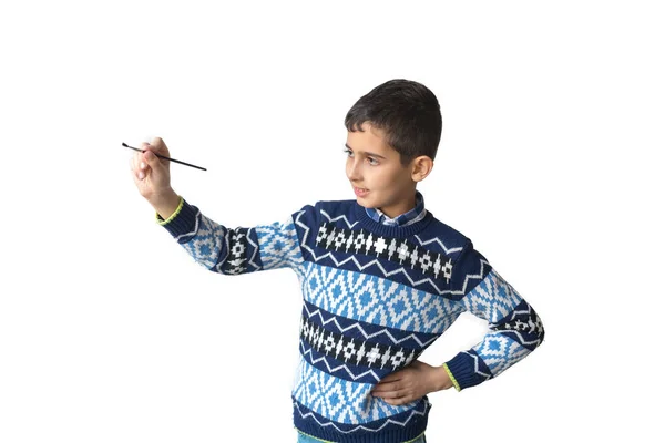 소년의 스웨터가 그려집니다 배경에 고립되어 있습니다 — 스톡 사진