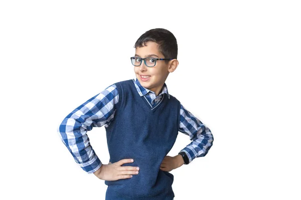 Gelukkige Jongen Bril Vest Shirt Geïsoleerd Witte Achtergrond Schooljongen Tiener — Stockfoto