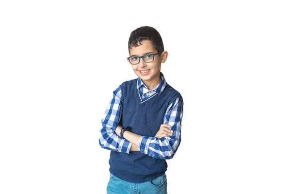 Niño Feliz Gafas Chaleco Camisa Aislado Sobre Fondo Blanco Colegial — Foto de Stock