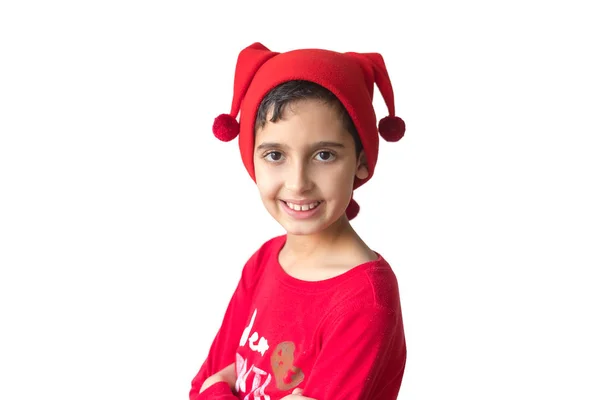 Niño Feliz Santa Sombrero Aislado Sobre Fondo Blanco Sombrero Elfo — Foto de Stock