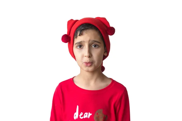 Niño Feliz Santa Sombrero Aislado Sobre Fondo Blanco Sombrero Elfo — Foto de Stock