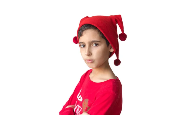 Gelukkige Jongen Santa Hoed Geïsoleerd Witte Achtergrond Elf Hoed Kersttijd — Stockfoto