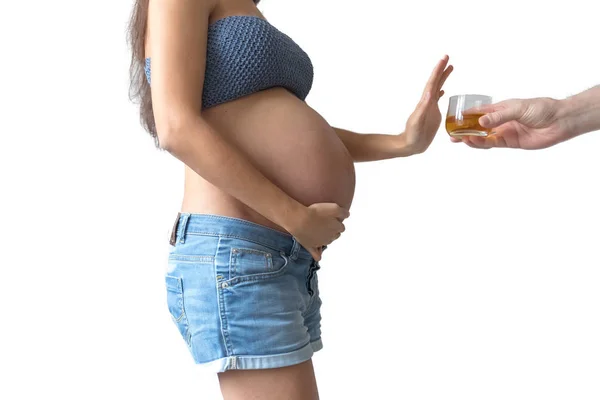 Zwangere Vrouw Met Een Glas Whisky Binnen Geen Alcohol Tijdens — Stockfoto