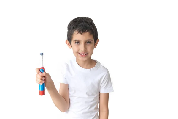 Portrait Young Boy Holding Toothbrush Looking Camera Teenager — 스톡 사진