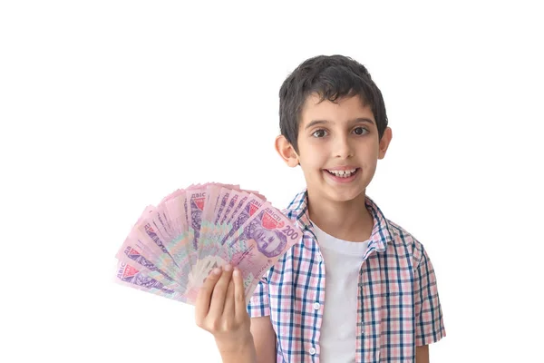 Portrait Happy Teenager Holding Ukrainian Money Hryvnia Isolated White Background — Stock Photo, Image