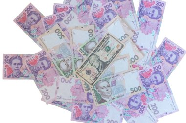 10 dolarlık Amerikan banknotları ve Ukrayna Hryvnaları. Ukrayna 'da Yolsuzluk.