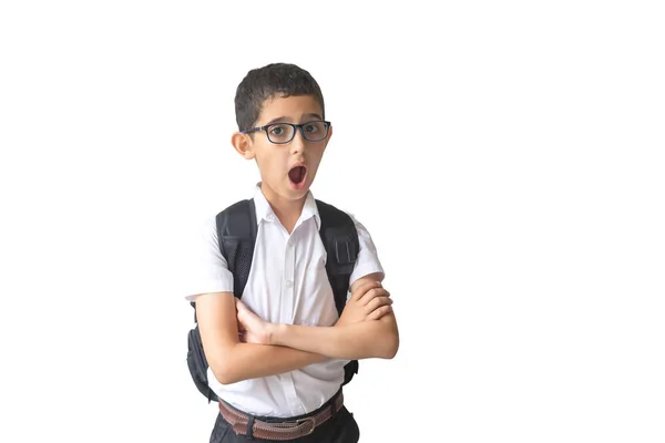 Niño Gafas Camisa Mochila Aislado Sobre Fondo Blanco Colegial Adolescente — Foto de Stock