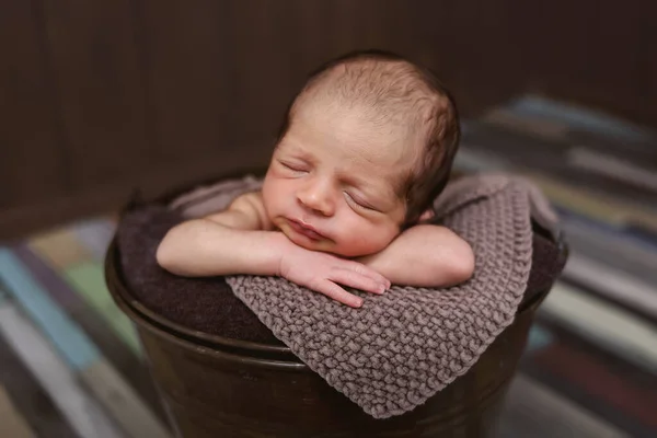 Cute Newborn Baby Sleeping Baby Dark Background Closeup Portrait Newborn — Stock Photo, Image