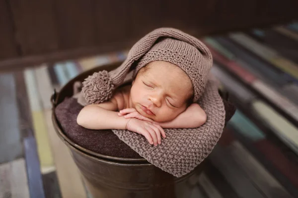 Cute Newborn Baby Hat Sleeping Baby Dark Background Closeup Portrait — Stock Photo, Image