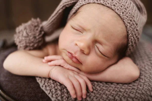 Cute Newborn Baby Hat Sleeping Baby Dark Background Closeup Portrait — Stock Photo, Image