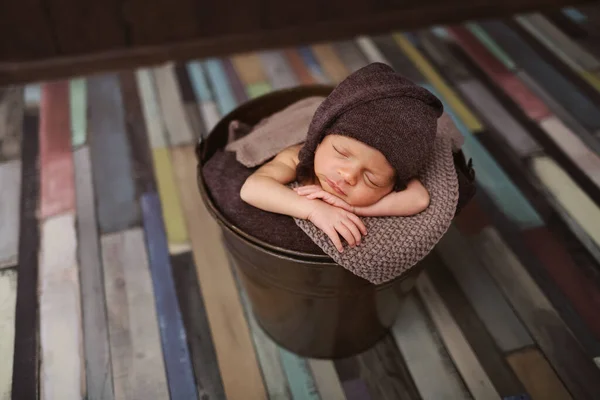 Cute Newborn Baby Hat Sleeping Baby Dark Background Closeup Portrait — Stock Photo, Image